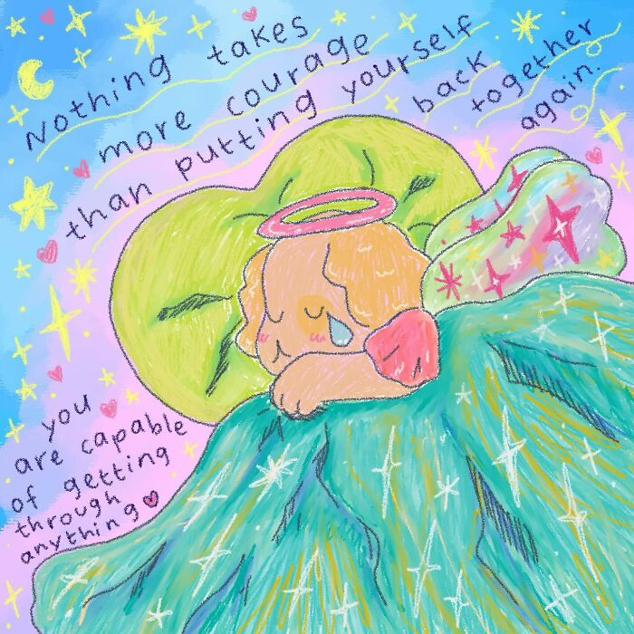 Warm wholesome illustration of a comforting angel hugging a blanket, conveying courage and hope with colorful stars.