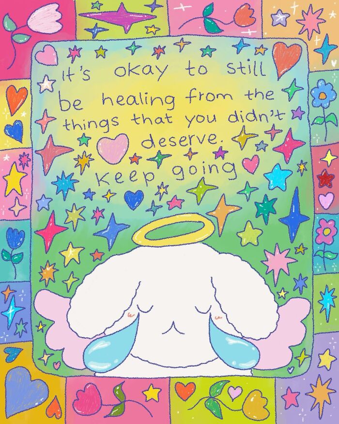 Wholesome illustration with an angelic figure, colorful stars, hearts, and a message about healing and perseverance.