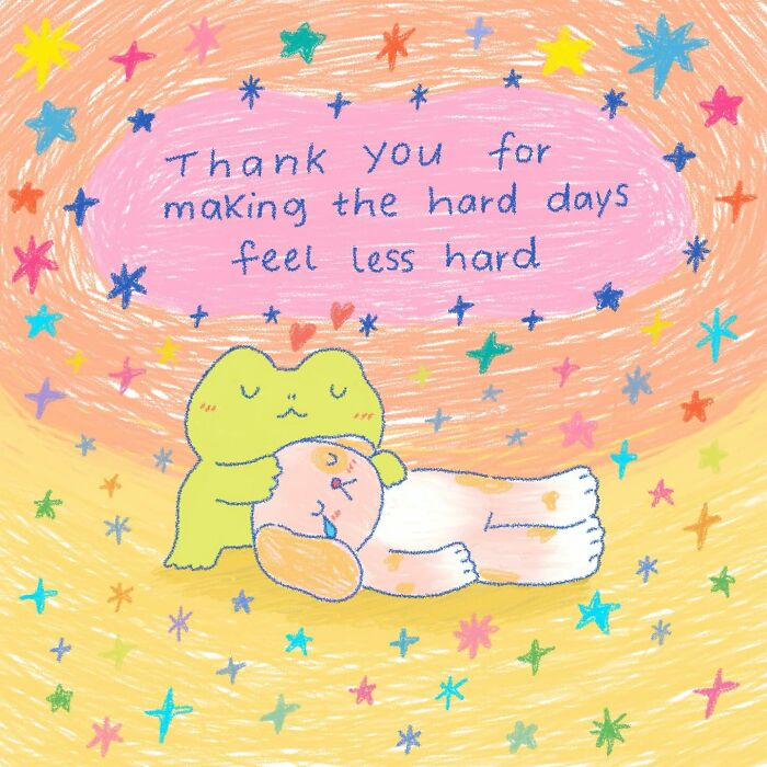 Wholesome illustration of a frog hugging a sleeping dog surrounded by colorful stars, conveying warmth and comfort.