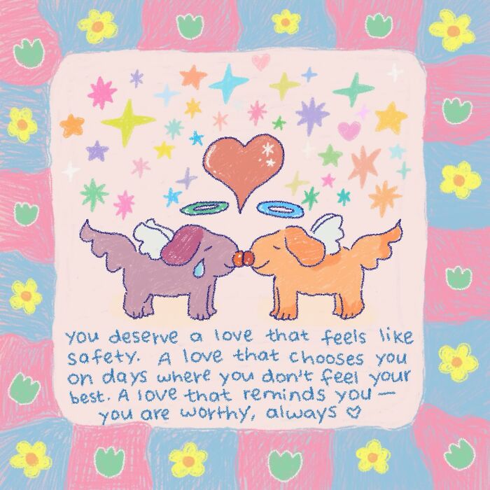 Wholesome illustration of two winged dogs touching noses surrounded by stars and a warm, colorful floral border.