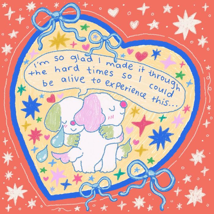 Wholesome illustration of two hugging dogs with a positive message surrounded by stars and hearts, feeling like a warm hug.