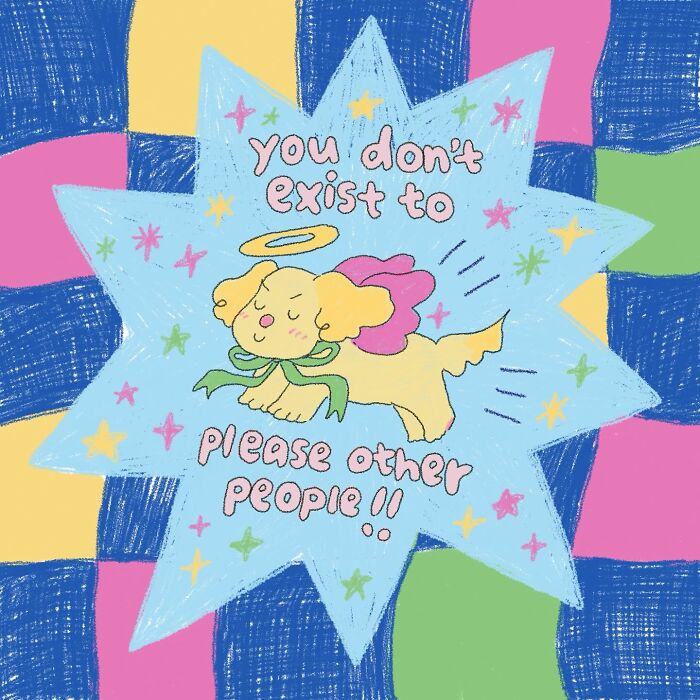 Wholesome illustration of a happy winged dog with a halo surrounded by colorful stars on a patchwork background.