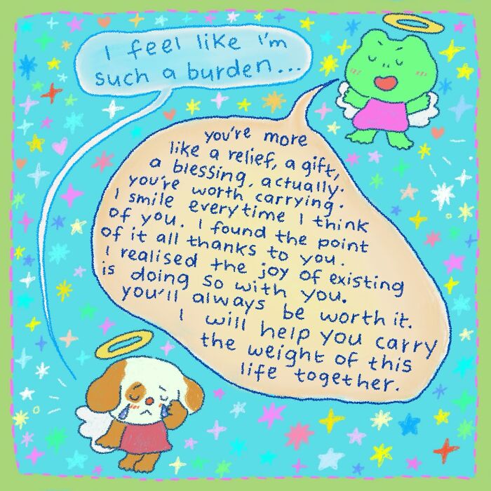 Wholesome illustration features comforting dialogue between angelic frog and dog, evoking warmth and emotional support.