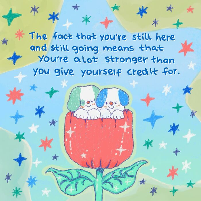 Wholesome illustration of two puppies in a flower with motivational text, evoking warmth and comfort like a hug.