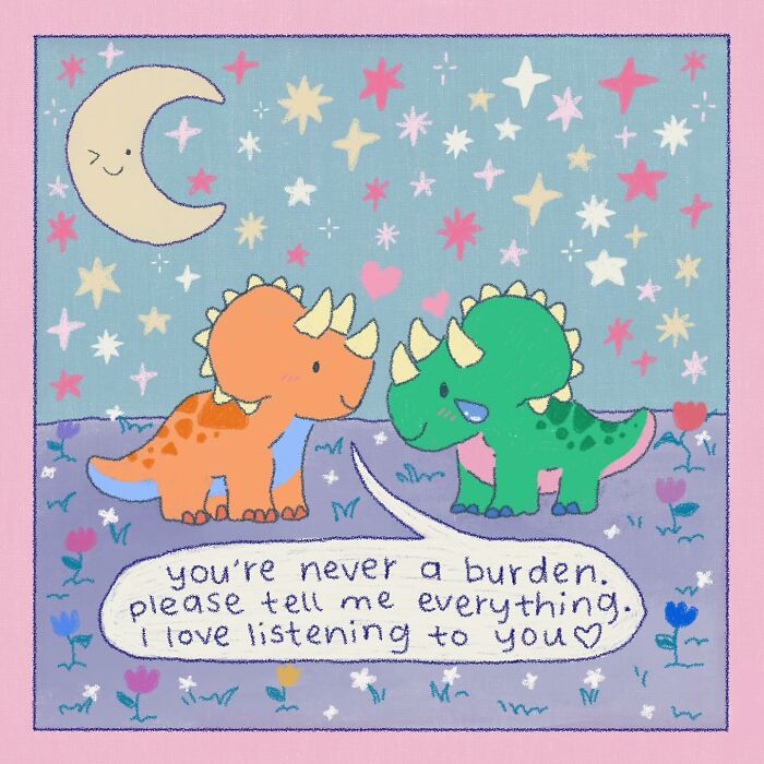 Wholesome illustration of two dinosaurs under a smiling moon with stars, sharing a comforting message of love and support.