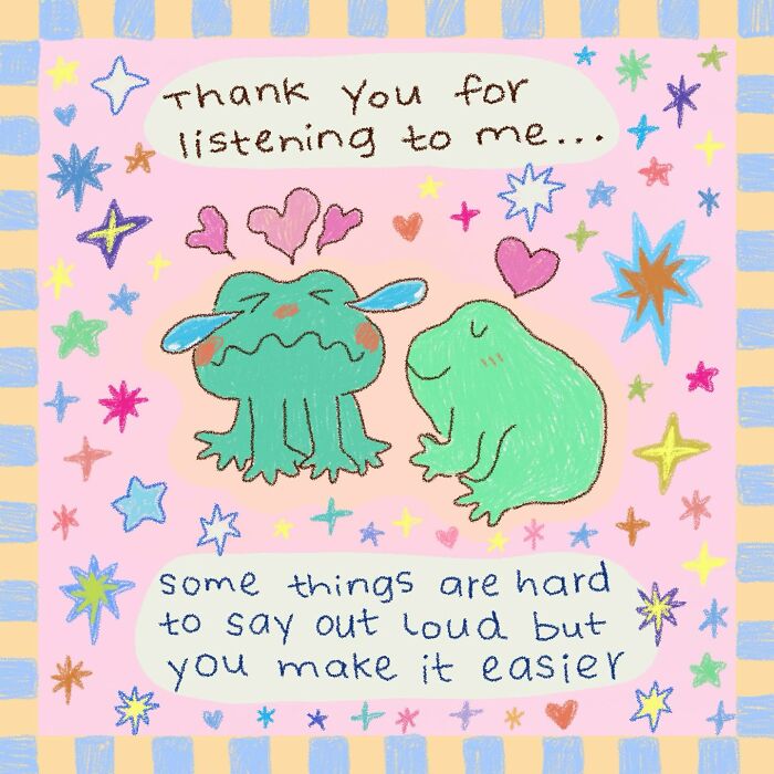 Wholesome illustration of two frogs with hearts and stars, expressing gratitude and support in a warm hug style.