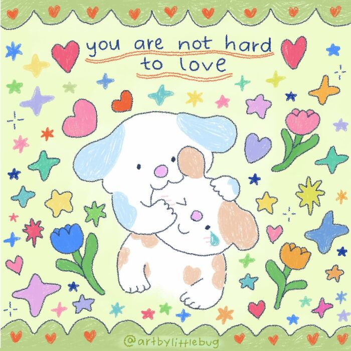 Wholesome illustration of two hugging puppies surrounded by colorful hearts and stars, conveying warmth and love.