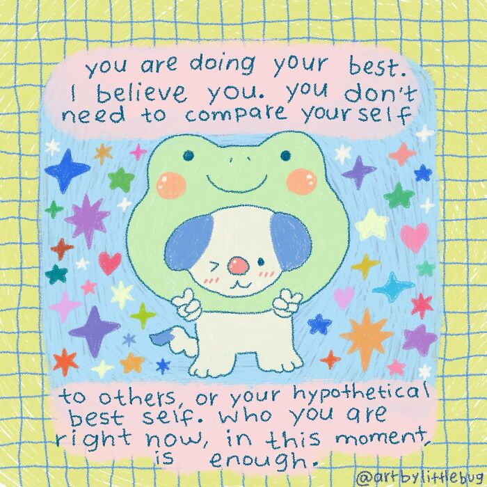 Wholesome illustration of a cute dog in a frog costume with a positive message about self-acceptance and doing your best.