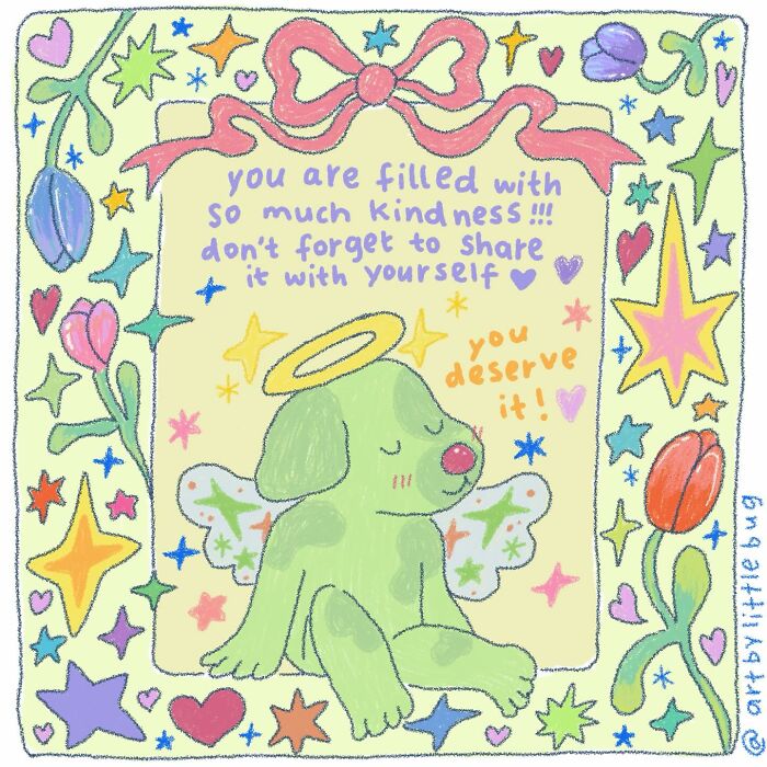Wholesome illustration of a green angel dog surrounded by colorful stars and flowers with a kindness reminder.