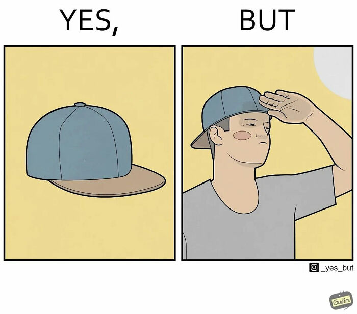 Comic illustration showing a person in a cap, humorously depicting the concept of yes but in a simple cartoon style.