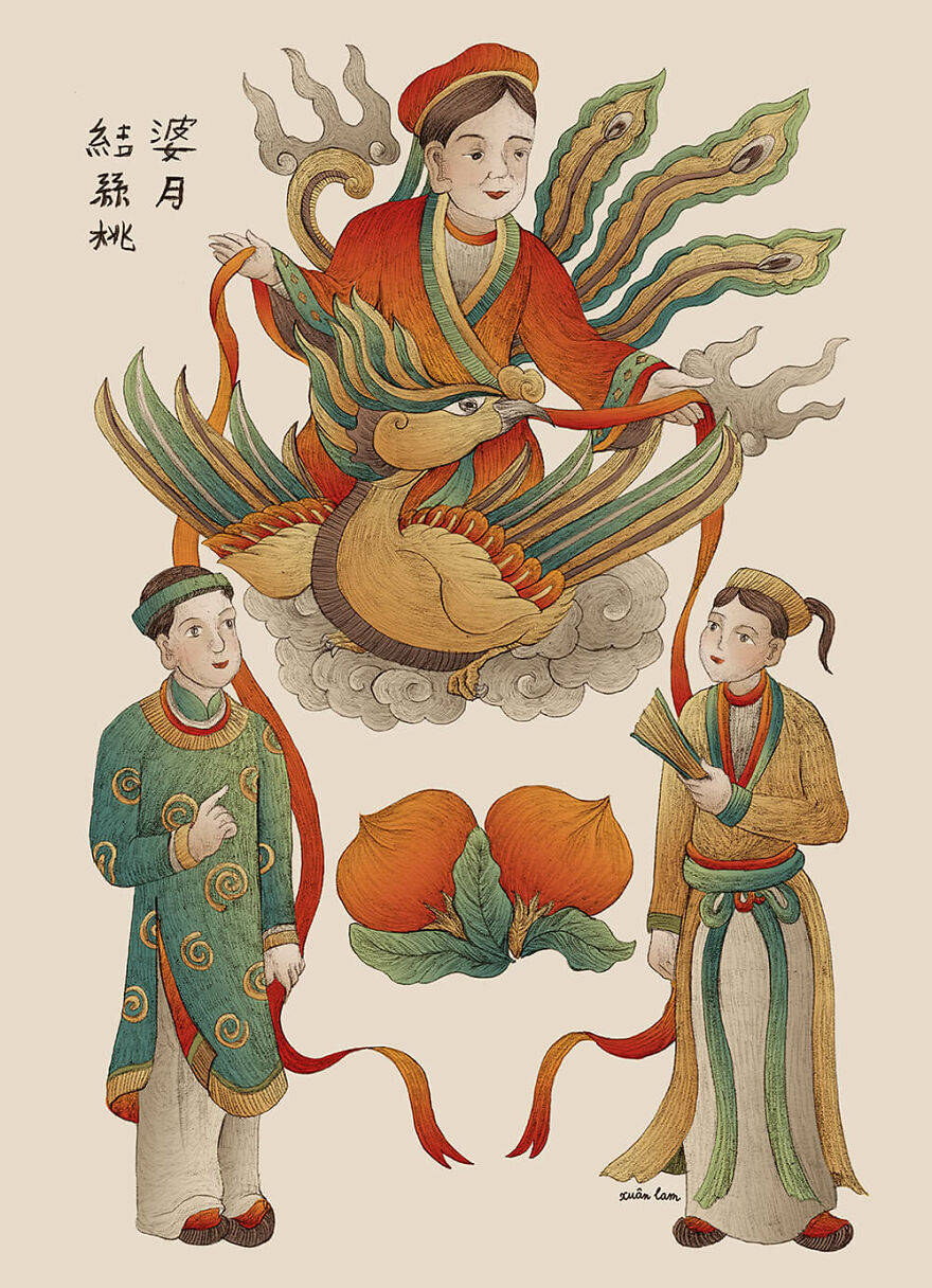 Traditional Asian illustration depicting the invisible string theory connecting two people in destiny and modern romance. Traditional Asian illustration depicting the invisible string theory connecting two people in destiny and modern romance.