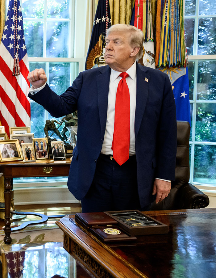 Donald Trump in the Oval Office, raising fist, related to Mark Zuckerberg’s embarrassing hot mic moment buzz. Donald Trump in the Oval Office, raising fist, related to Mark Zuckerberg’s embarrassing hot mic moment buzz.
