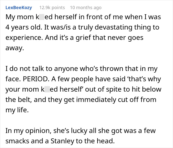Text post describing a widow&rsquo;s grief and reaction after sister&rsquo;s cruel joke about her husband causing family tension.