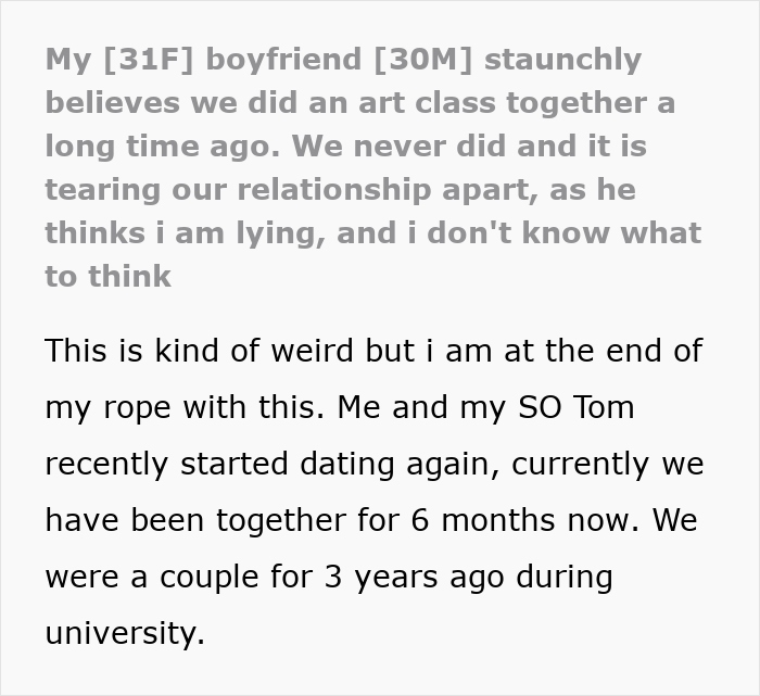 Couple argues about whether they took an art class together, causing tension as he is convinced she is lying. Couple argues about whether they took an art class together, causing tension as he is convinced she is lying.