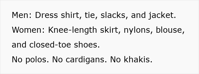 List of overly strict dress code rules for employees including men’s suits and women’s knee-length skirts and nylons