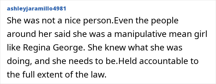 Text comment from user ashleyjaramillo4981 sharing an opinion about the Kentucky cheerleader baby case and legal accountability. Text comment from user ashleyjaramillo4981 sharing an opinion about the Kentucky cheerleader baby case and legal accountability.