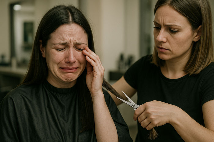 Woman crying while getting a very short haircut, hairdresser showing concern during the emotional moment. Woman crying while getting a very short haircut, hairdresser showing concern during the emotional moment.