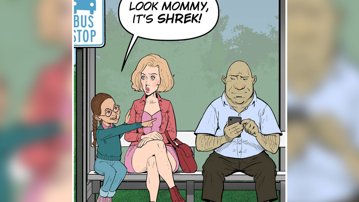 A humorous comic at a bus stop showing a girl pointing at a man resembling Shrek to lift your spirits.