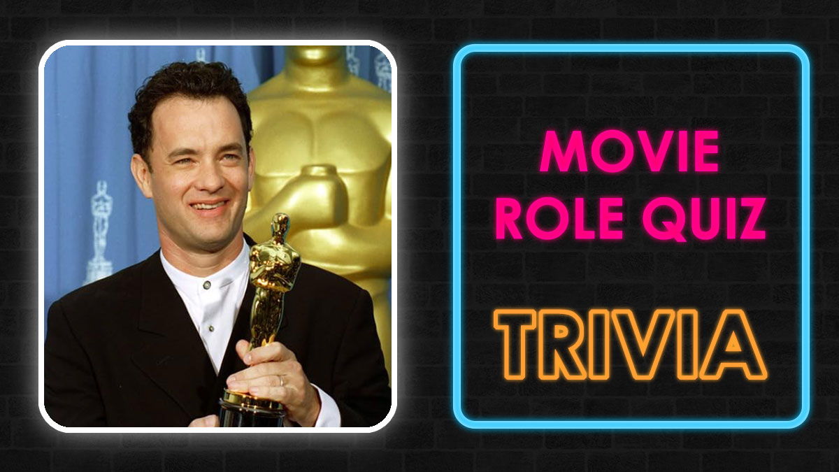 Actor holding an Academy Award statue next to neon sign reading movie role quiz trivia for movie buff quiz.