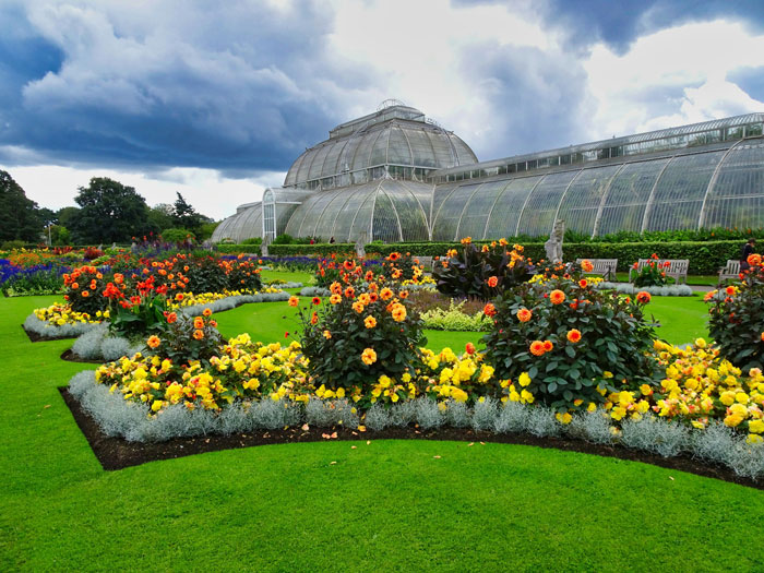 Colorful flower beds in a park near a glass conservatory, with lush green grass under a cloudy sky. Colorful flower beds in a park near a glass conservatory, with lush green grass under a cloudy sky.