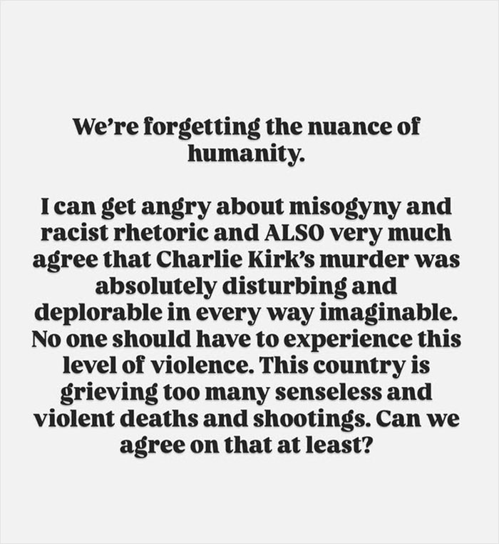 Text image discussing Charlie Kirk's murder, violence, and grieving senseless deaths amid misogyny and racist rhetoric. Text image discussing Charlie Kirk's murder, violence, and grieving senseless deaths amid misogyny and racist rhetoric.