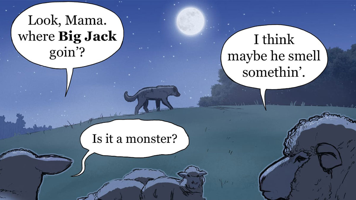 Nighttime comic scene showing sheep watching a dog named Big Jack, capturing pet foolery and animal humor.
