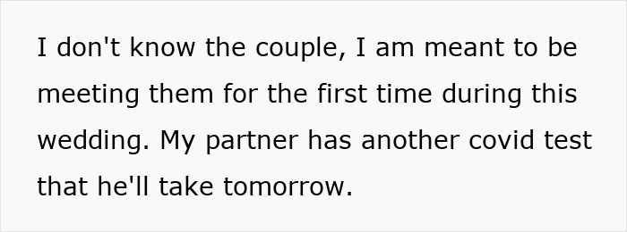 Text on white background discussing uncertainty about attending a wedding despite a positive Covid test.