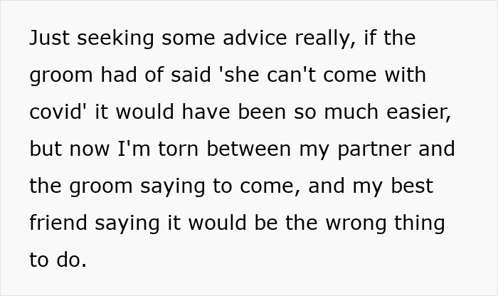 Text discussing a groom insisting a guest attend wedding despite positive Covid test, with guest unsure about decision.