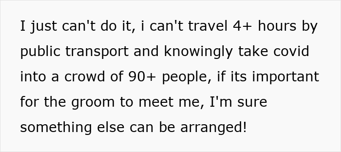 Text message expressing hesitation about attending a wedding due to positive Covid test and travel concerns.