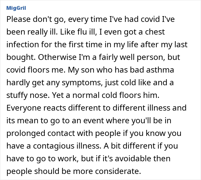 Text post about the impact of covid symptoms and concerns over attending events with contagious illness despite positive Covid test.