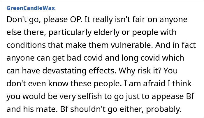 Comment discussing groom insisting guest attend wedding despite positive Covid test and concerns about safety and fairness. Comment discussing groom insisting guest attend wedding despite positive Covid test and concerns about safety and fairness.