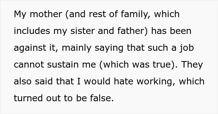 Family conflict over career choice with mother opposed, expressing concerns about job sustainability and work dislike. Family conflict over career choice with mother opposed, expressing concerns about job sustainability and work dislike.