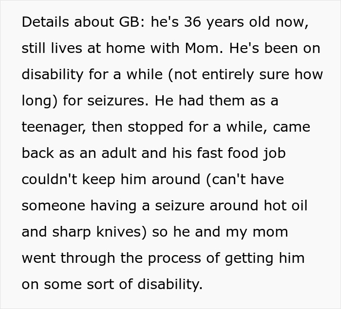 Text describing a 36-year-old man on disability for seizures, living at home, viewed as entitled and lazy by his brother. Text describing a 36-year-old man on disability for seizures, living at home, viewed as entitled and lazy by his brother.