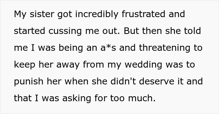 Text showing a sister expressing frustration and anger over the bride refusing to let mom's hubby walk her down the aisle.