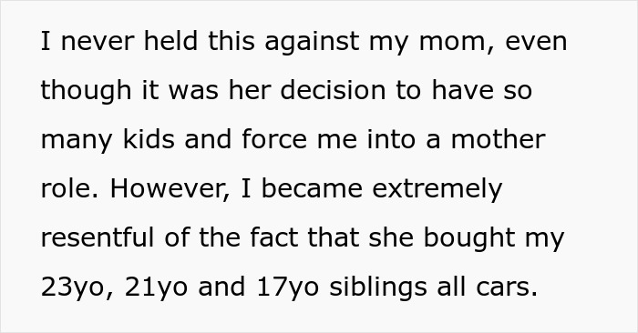 Text excerpt about a take care sibling feeling resentful after mother refuses support but buys cars for other siblings. Text excerpt about a take care sibling feeling resentful after mother refuses support but buys cars for other siblings.