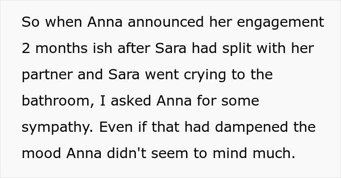 Text excerpt about sibling’s engagement causing emotional distress for single sister struggling to cope with the news. Text excerpt about sibling’s engagement causing emotional distress for single sister struggling to cope with the news.