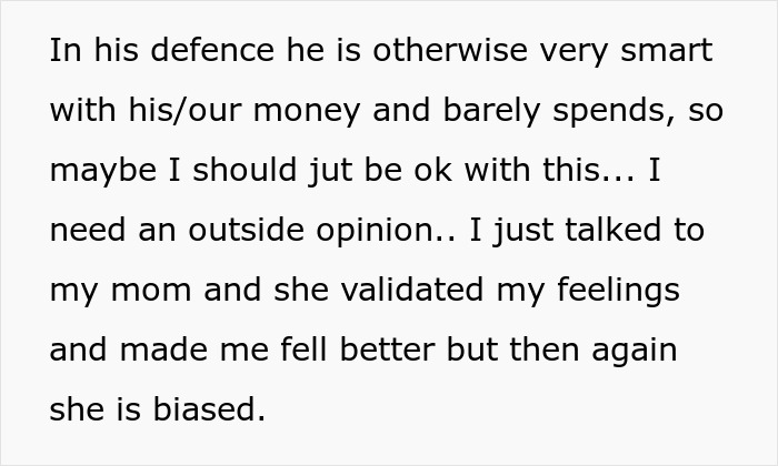 Text discussing a husband prioritizing a luxury vehicle purchase and involving his mother-in-law, seeking outside opinion. Text discussing a husband prioritizing a luxury vehicle purchase and involving his mother-in-law, seeking outside opinion.