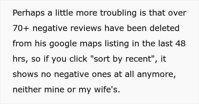 Text discussing deleted negative reviews on Google Maps concerning a café's rigid rules affecting a wife with allergies. Text discussing deleted negative reviews on Google Maps concerning a café's rigid rules affecting a wife with allergies.