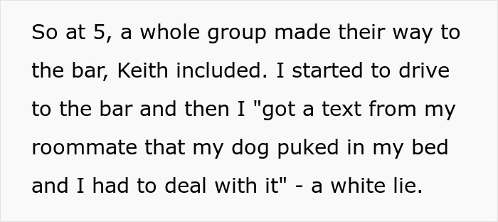 Text showing a petty response to a creepy coworker involving a white lie about a dog puking in bed. Text showing a petty response to a creepy coworker involving a white lie about a dog puking in bed.