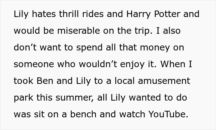 Text discussing a sister accusing favoritism toward nephew and niece over shared family activities and expenses. Text discussing a sister accusing favoritism toward nephew and niece over shared family activities and expenses.