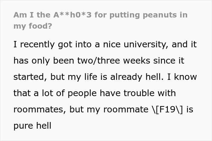 Alt text: Excerpt of a text post about a serial food thief with a peanut allergy causing trouble with her roommate. Alt text: Excerpt of a text post about a serial food thief with a peanut allergy causing trouble with her roommate.