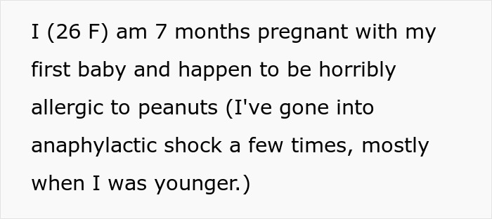 Text excerpt from a pregnant woman sharing her severe peanut allergy and past anaphylactic shocks, highlighting allergy risk.