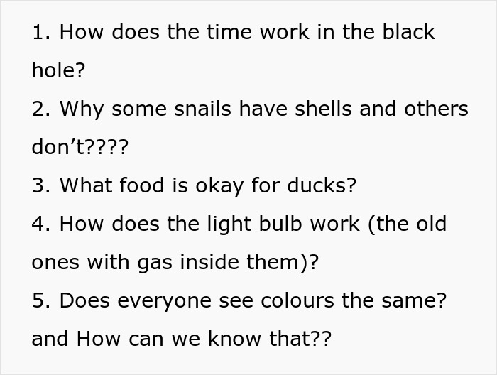 Text listing five curious questions about science and nature, reflecting surprising topics future MIL brands bride-to-be stupid disbelief. Text listing five curious questions about science and nature, reflecting surprising topics future MIL brands bride-to-be stupid disbelief.
