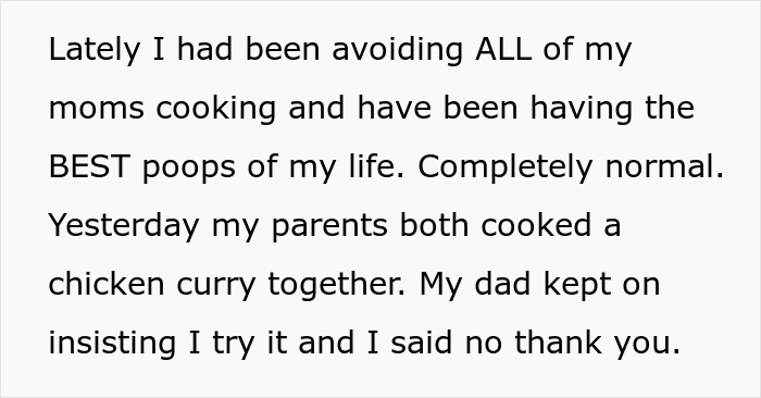 Text post about avoiding parents' food due to digestive issues and suspicion it's making daughter sick repeatedly.