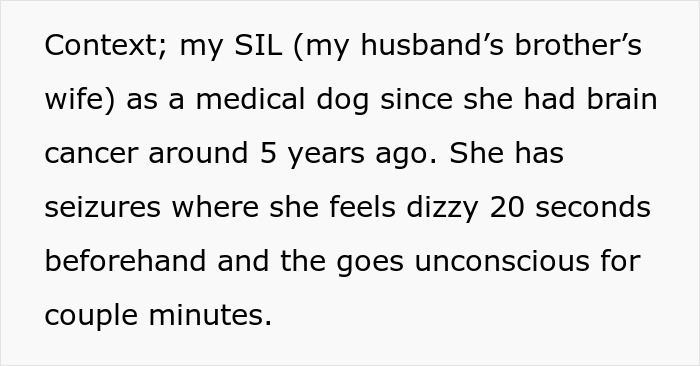 Bride refusing sister-in-law’s service dog at wedding due to medical reasons and seizure concerns explained in text.