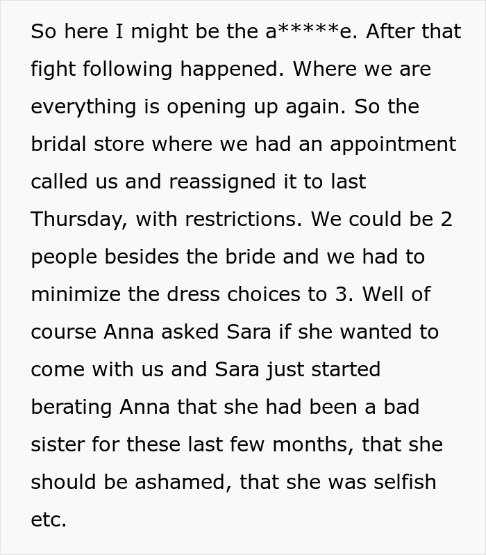 Single sister struggles with emotions and conflict following sibling's engagement and bridal store appointment restrictions. Single sister struggles with emotions and conflict following sibling's engagement and bridal store appointment restrictions.
