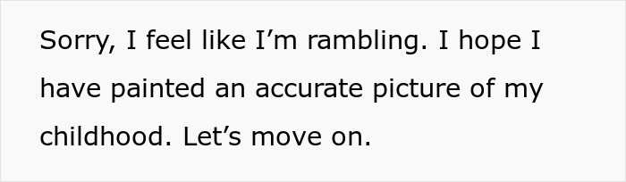 Text on screen showing a personal reflection on childhood, related to parents making son raise seven younger siblings.