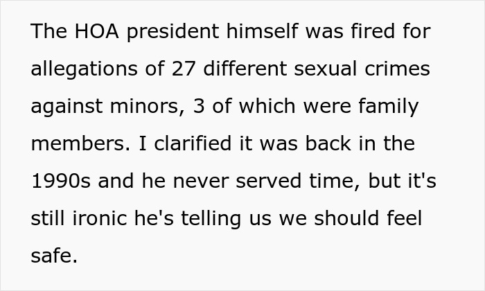 Text discussing the fired HOA president and safety concerns related to kids bus stop parenting and community trust. Text discussing the fired HOA president and safety concerns related to kids bus stop parenting and community trust.