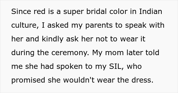 Text excerpt about bridal color in Indian culture, mentioning SIL and wedding ceremony attire request. Text excerpt about bridal color in Indian culture, mentioning SIL and wedding ceremony attire request.