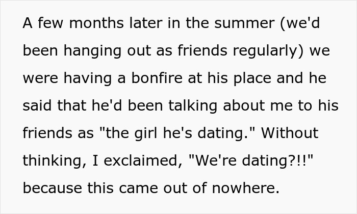 Text excerpt describing a guy considering a woman his girlfriend after one date and causing her surprise. Text excerpt describing a guy considering a woman his girlfriend after one date and causing her surprise.